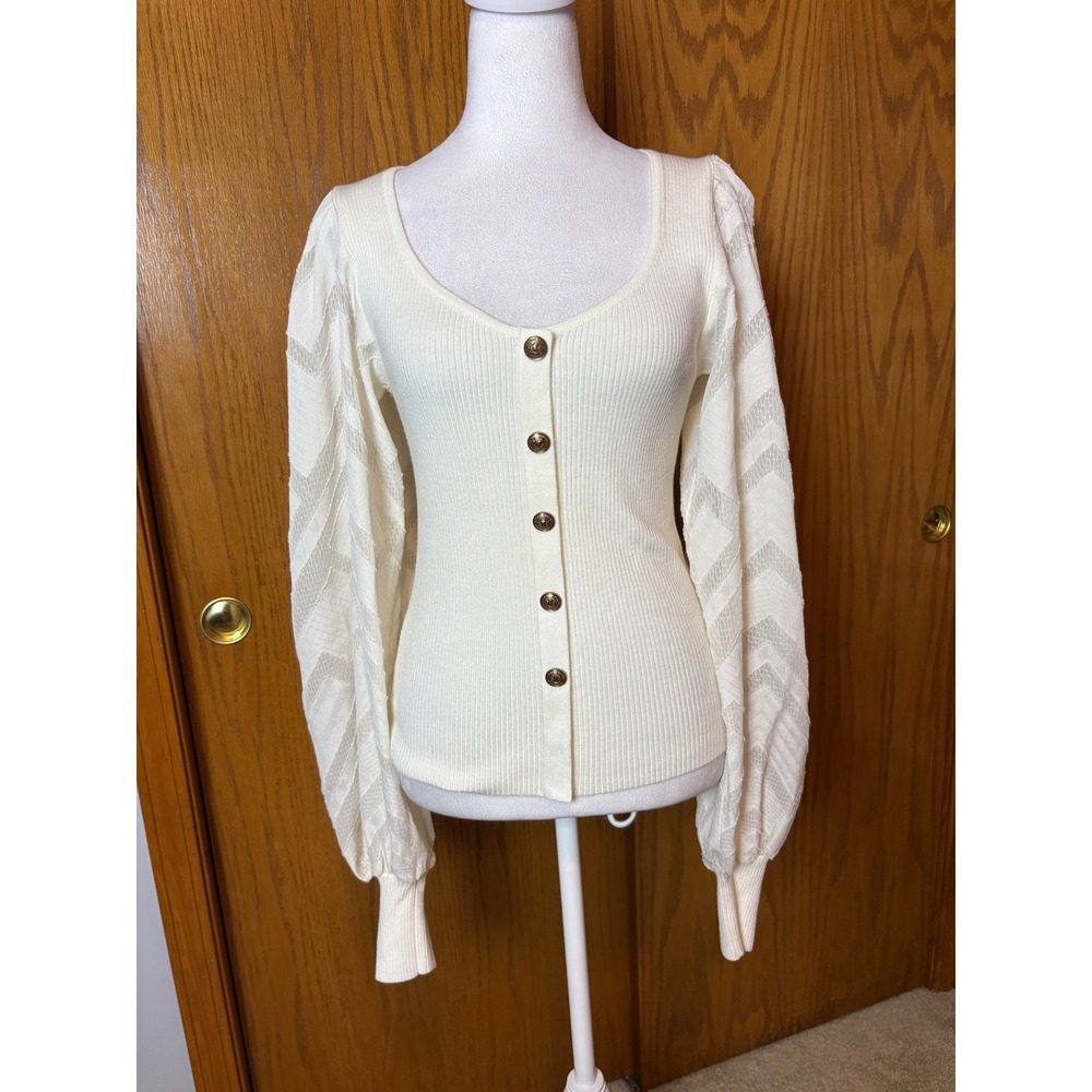 Flying Tomato Cream Ribbed Knit Top Gold Crest Buttons Lace Balloon Sleeve M